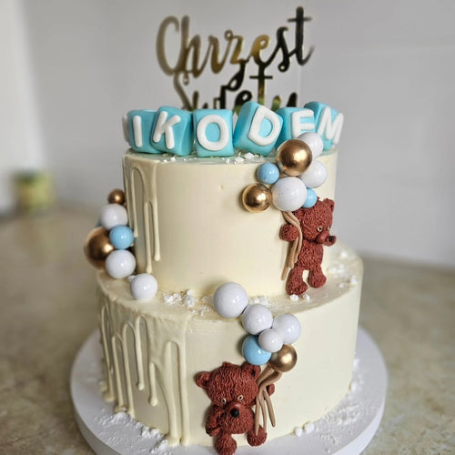 Elegancki tort na Chrzest Święty z dekoracją Ciechanowiec